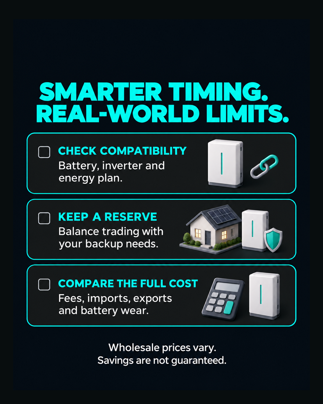 Smart battery planning checklist covering system compatibility, fees and pricing exposure, and backup reserve settings.