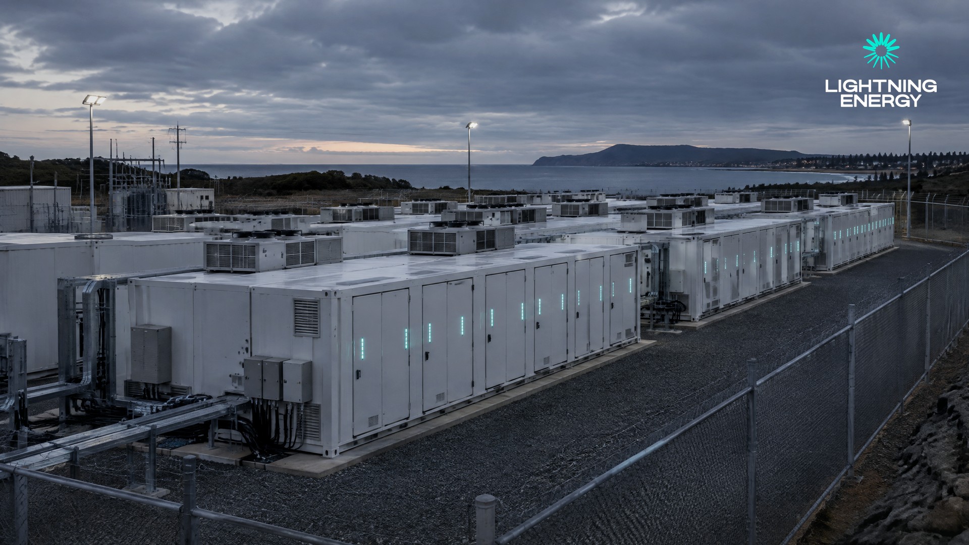 Waratah Super Battery container rows at Munmorah NSW coastal BESS site at dusk